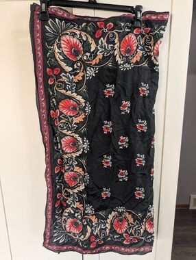 Black Floral Border Scarf with Red and Coral Blooms